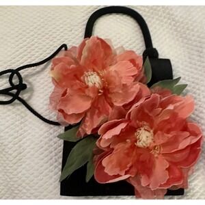 Floral Evening Bag Black Satin Mini Purse with Handle & Shoulder Strap‎